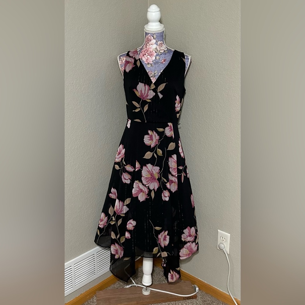 Gabby Skye Black Dress with Pink Floral Design